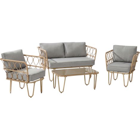 GagaEnsemble salon de jardin canapé 2 places + 2 fauteuils + 1 table basse plateau verre trempé 7 coussins gris (1/5)