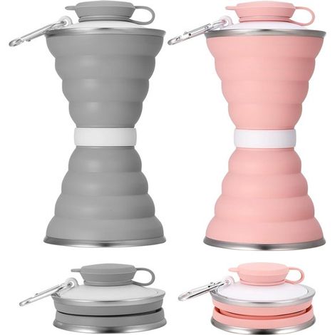 Borraccia pieghevole in 2 pezzi, borraccia in silicone da 500 ml, a prova di perdite, riutilizzabile, pieghevole, con moschettone e tracolla per lo sport, (1/5)