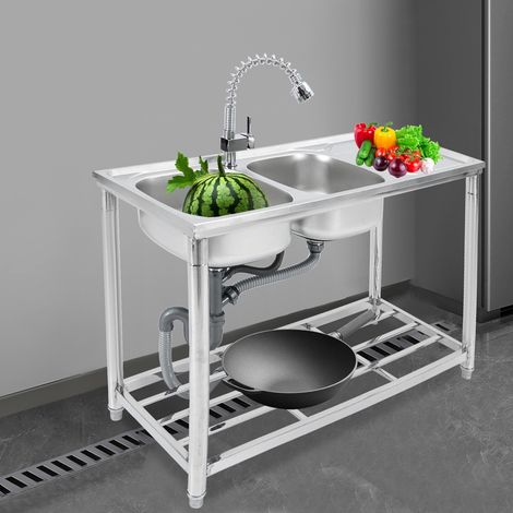 Évier double pour restaurant, évier commercial en acier inoxydable, évier double avec support et robinet extensible. (1/5)