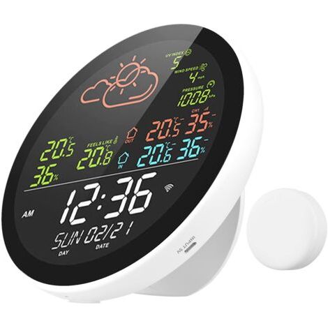 Station météo intelligente Wi-Fi avec horloge, mesure de la température et de l'humidité pour l'intérieur et l'extérieur, grand écran couleur multifonction, horloge météo Temp. et jauge (1/5)