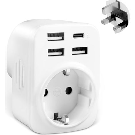 Adaptateur Prise Anglaise Vers Francais Avec 3 USB-A et 1 USB-C, Type G Pour Angleterre, Irlande, Malte, Malaisie (1/5)
