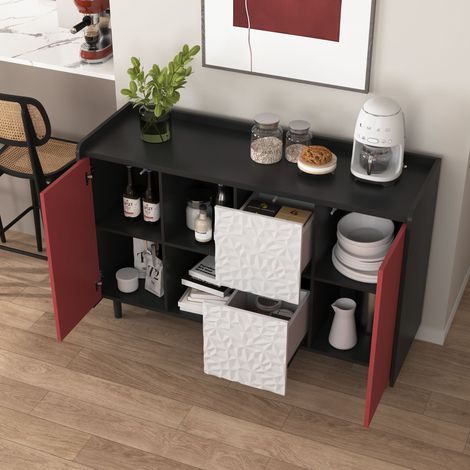 Credenza da cucina, mobile contenitore per soggiorno con vano a giorno, 2 ante e 2 cassetti, MDF, 120×40×80cm, rosso