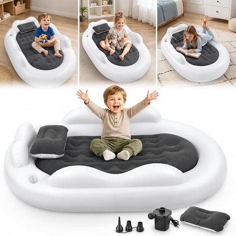 Matelas Gonflable Enfant Barrières Lit Gonflable Pompe Intégrée Lit d'Appoint Démontable Enfants Surface Floquée Blanc (1/5)
