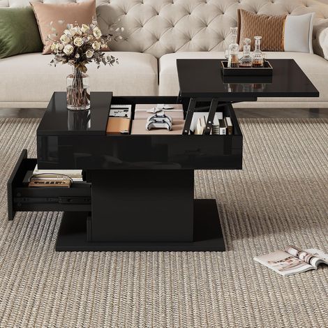 Table basse de salon avec plateau réglable en hauteur et espace de rangement caché, pivotante à 360°, avec 1 tiroir, 70 × 70 × 45 cm, noir (1/5)