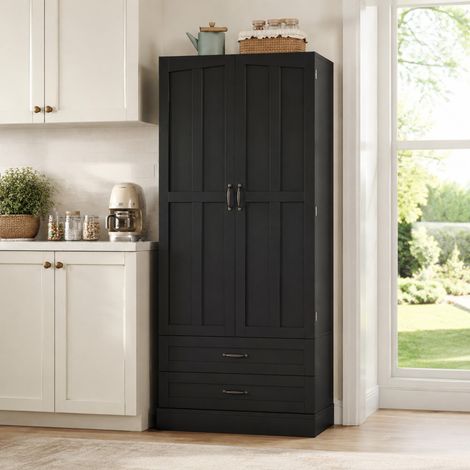 Mueble de cocina alto con 3 estantes deslizantes, 2 cajones y doble puerta negro DESVIAE (1/5)