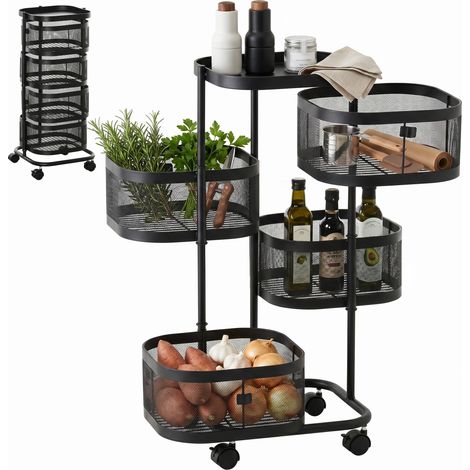 Servierwagen mit 4 Ebenen drehbar Küchenwagen mit Rollen Drahtkorb Rollwagen mit oberen Regal 33x33x77 cm Schwarz