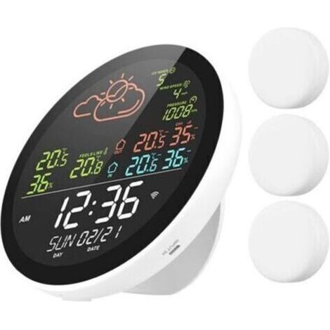 Station météo Wi-Fi avec horloge, thermomètre et hygromètre intérieur/extérieur, grand écran couleur affichant température, heure, humidité et prévisions météo (1/5)