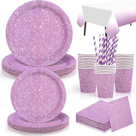 Vaisselles Jetables Anniversaire Paillettes Violet Assiettes Décoration Fête de Mariage Baby Shower (1/5)