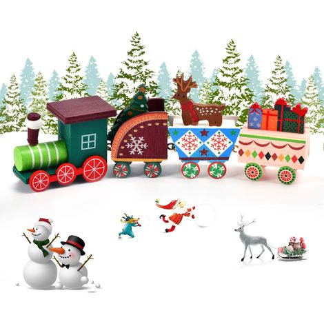 Mini Train en Bois,Deco Noel Train Noël Décorations,décoration de Noel,Caravane Miniature Christmas Decorations,Mini Figurine décoration intérieure Maison (Couleur) (1/5)