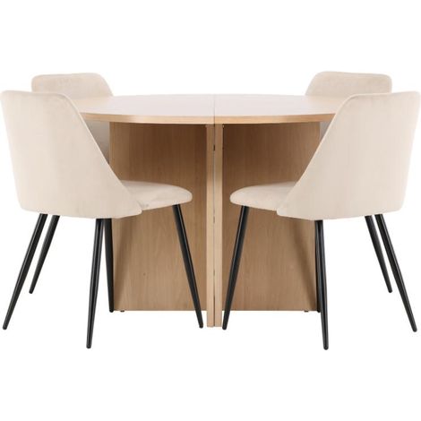 Strada Essgruppe Ausziehtisch Ø120cm, 170cm und 4 Stühle whitewash, beige.