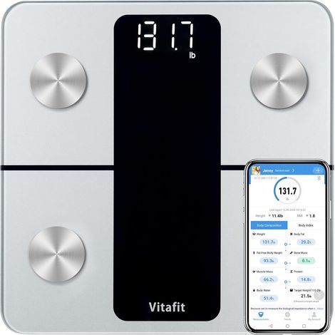 Balance Pese Personne, Précision 0,05kg, Balance Connectée App avec 13 Données Corporelles (BMI/Graisse Corporelle/BMR), 182kg, LED, Argent (1/5)