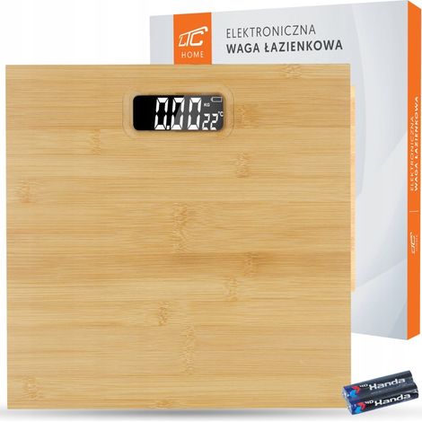 Báscula electrónica de baño de bambú con capacidad para hasta 180 kg.