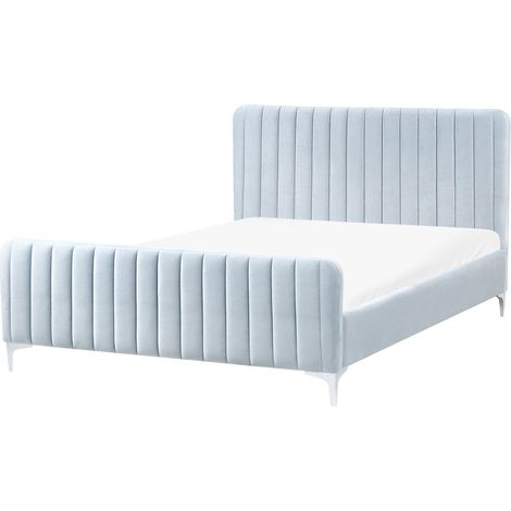 Lit Moderne en Velours 140 x 200 cm Pieds en Métal Sommier à Lattes Cadre de Lit Bleu Ciel Lunan