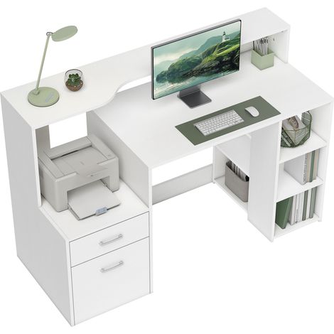 Bureau informatique, 137x55x92cm, étagères ouvertes et tablette d'imprimante, 2 tiroirs, blanc avec rangement, bureau (1/5)