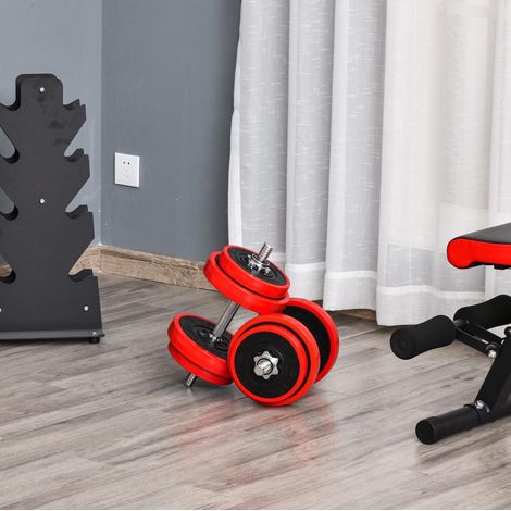 Haltères réglables 20 kg 2-en-1 transformables en barre, rouge et noir HAVRYA (1/4)