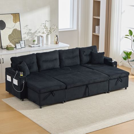 Divano letto da 4 posti, nero, tessuto a coste, con doppia chaise longue, vano portaoggetti, porta USB-C e funzione di letto supplementare, 272 x 136 x 86 cm (1/5)