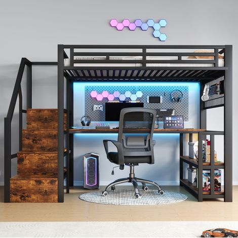 Cama alta juvenil con escritorio y LED negra OKMYHOME (1/5)
