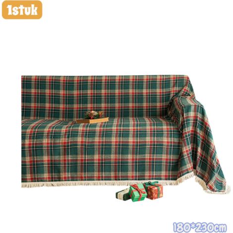 Jeté de canapé de Noël antidérapant avec pompons et motif à carreaux rouges et verts dimensions 180 x 230 cm pour décoration festive 1 pièce (1/4)