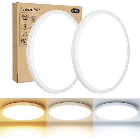 Lot de 2 Plafonnier LED, Luminaire Salle de Bain 18W 3000K/4000K/6500K Sélectionnable, Moderne Très mince éclairage de Plafond Etanche, Facile à Insta (1/5)