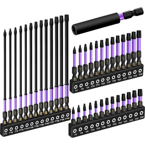 Lot de 40 embouts de tournevis Torx en forme d'étoile de 2,5 cm/5,1 cm/15,2 cm de long, tige hexagonale de 6,35 mm, embout Torx en acier S2 avec porte-embout magnétique de 5,8 cm et boîte (1/5)