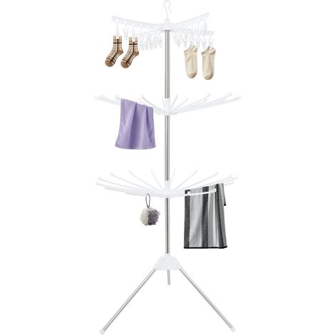 Séchoir à linge 3 niveaux – Étendoir pliable avec 24 pinces – Rotatif 360°, 170 cm de haut, charge max 5 kg, base tripode stable – Gain de place – Blanc (1/5)