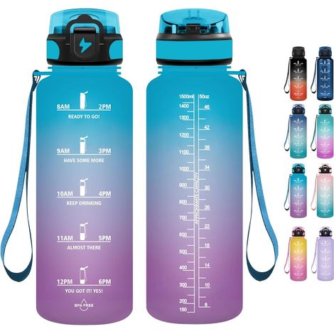 Gourde 1.5l, Gourde Motivation Avec Paille, sans BPA, Gourde Sport, Bouteille d'eau avec Marqueur de Temps pour le Camping, la randonnée - Bleu Violet (1/5)