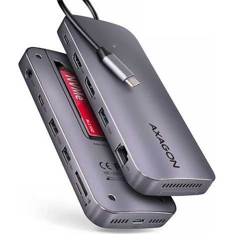 AXAGON HMC-12GM2 Multiport Hub, USB-C 3.1, M.2-NVMe/SATA, DP + HDMI, Gbit-LAN, 3x USB-A, 1x USB-C, CR (1/5)