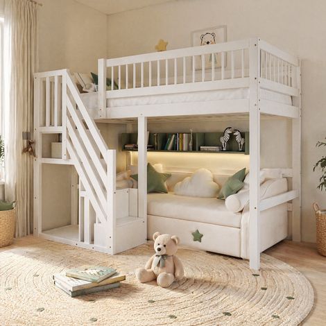 Kinderbett 205x142x173 cm Weiß aus Holz mit Stauraumtreppe und hoher Umzäunung (1/5)