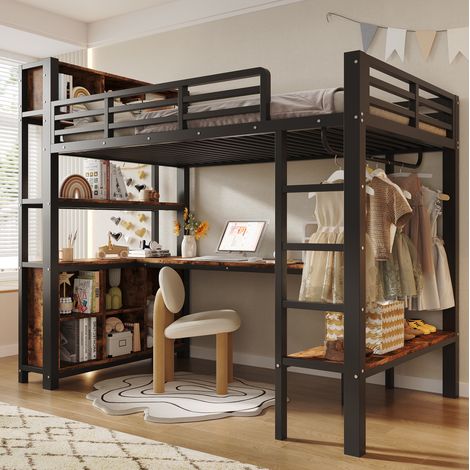 Letto soppalco bambino 90x200 cm con scrivania, guardaroba, mensole e contenitori, struttura stabile, metallo MDF - nero (1/5)