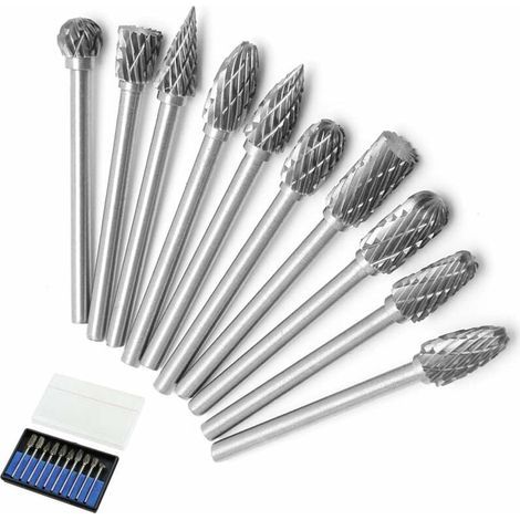 Jeu de 10 fraises rotatives en carbure de tungstène massif, double coupe, tiges de perçage dynamométriques de 3 mm pour outils rotatifs Dremel. (1/5)