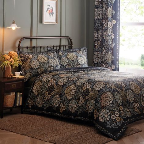 Housse de Couette botanique Bleu Marine - Super King Size (260 x 220 cm) - Design réversible - Housse de Couette Fleur Bleu foncé - Parure de lit Bleu fougère et Marguerite - 100% Coton (1/5)
