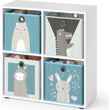 Kinderregal Tetra, Weiß, 72.6 x 72 cm mit 4 Faltboxen (grau/blau), Vicco