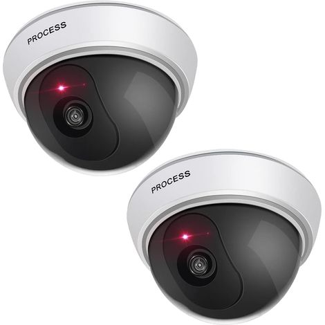 Set mit 2 Attrappenkameras für den Außen- und Innenbereich, Attrappen-Überwachungskamera mit blinkendem rotem LED-Licht und CCTV-Aufklebern, für Wand und Decke (Weiß)