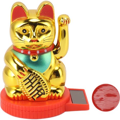 Solar Powered Waving Arm Cat Ornament Welcoming Waving Hand Paw Up Wealth Fortune Lucky Cat for Fortune Money Good Luck Gold