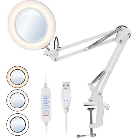 ZOLGINAH Lámpara de aumento LED, lámpara de escritorio USB, aumento de 8X, brillo ajustable de 10 niveles, cambio de temperatura de 3 colores, con soporte plegable y abrazadera, ángulo de iluminación (1/5)