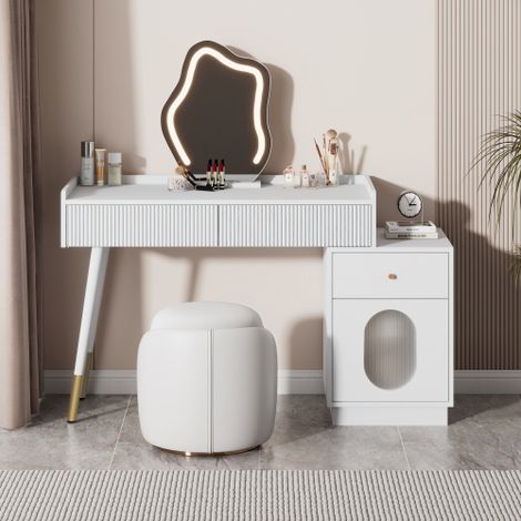 Table de maquillage avec miroir LED et éclairage - Set de table de maquillage blanche pour chambre à coucher avec trois tiroirs spacieux et une porte - Dimensions: B100/H75/T40 cm