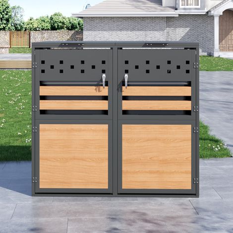 Boîte de rangement avec couvercle à charnières, verrouillable, deux portes, découpes en losange, panneaux horizontaux à grain de bois