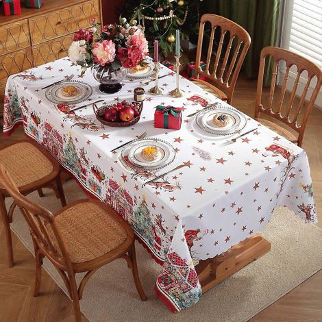 Nappe de Noël rectangulaire en polyester imperméable, imprimée numériquement, 16150 x 180 cm, 400 g/m², idéale pour les fêtes et les réunions de famille. (1/5)