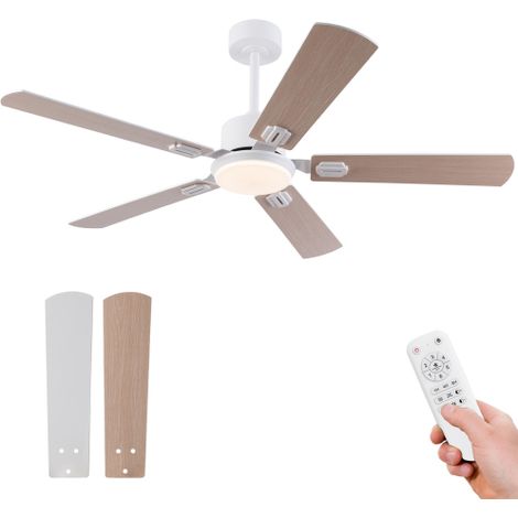 Ventilateur de Plafond Moderne 132 cm avec Lumière LED Dimmable et Télécommande, Extra Plat, Moteur Réversible 6 Vitesses, Blanc et Bois Naturel