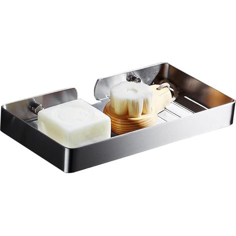 Porte-savon mural carré en acier inoxydable sans perçage avec égouttoir pour salle de bain et cuisine (23 cm, brossé) (1/5)