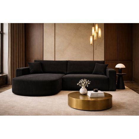 Canapé d’angle XL réversible et convertible BOSS – Velours côtelé noir avec coffre de rangement