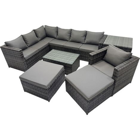 Fimous Outdoor Rattan Rectangular Coffee Table Corner Sofa Sets Garden Furniture Set with 2 Big Stools Side Table Dark Grey Mixed (1/5)