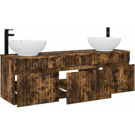 Ensemble Meuble de Salle de Bain 3 Pièces en Chêne Fumé - Vasque, Miroir et Meuble sous-vasque Design Moderne pour Salle d'Eau (1/5)