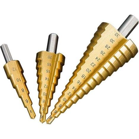 Lot de 3 pcs Foret Fraise Meche Etage, Foret Conique Fraise à Etages Echelle en acier, HSS 4-12/4-20/4-32.. (1/4)