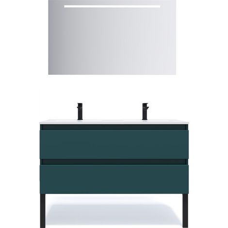Meuble de salle de bain suspendu double vasque intégrée 120cm 2 tiroirs Bleu + miroir - Hudson (1/5)