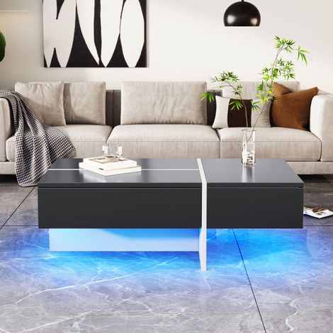 Hochglänzender Couchtisch, schwarz-weiße Colorblock-Struktur, Wohnzimmermöbel, 1005034,5cm, mit App-gesteuertem LED-Beleuchtungssystem (1/5)