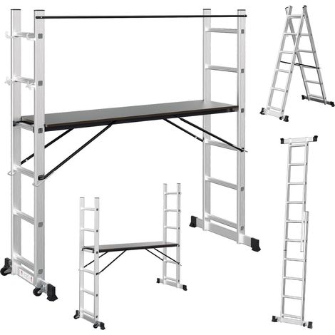 Randaco Echafaudage de travail 4 en 1 en aluminium,échelle multifonction 2x6 marches avec plateforme,150 kg,276 cm,argenté (1/5)