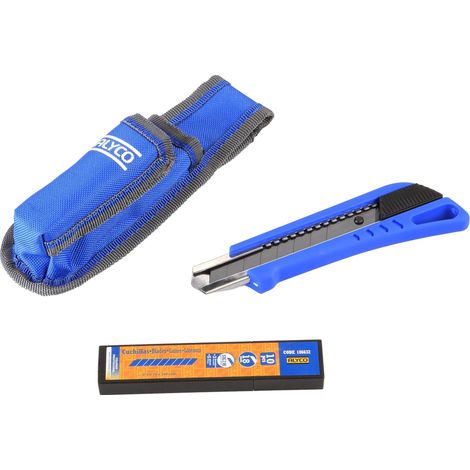 JUEGO CUTTER Y 10 CUCHILLAS FRAGMENTABLES 18 MM SK2H EN BOLSA NYLON ALYCO (1/2)