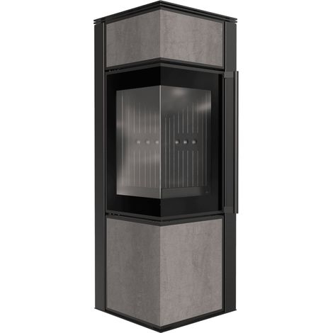Kaminofen aus Stahl KRATKI TORA/S 8 kW Ø 150 Quarzsinter NATURALI PIETRA DI SAVOIA GRIGIA BOCCIARDATA schwarz Verkleidung mit Türfeder (1/5)