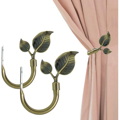 Lot de 2 embrasses de rideaux artisanales en métal, en forme de feuille, style laiton antique vintage, à fixer au mur pour rideaux et décoration de fenêtres